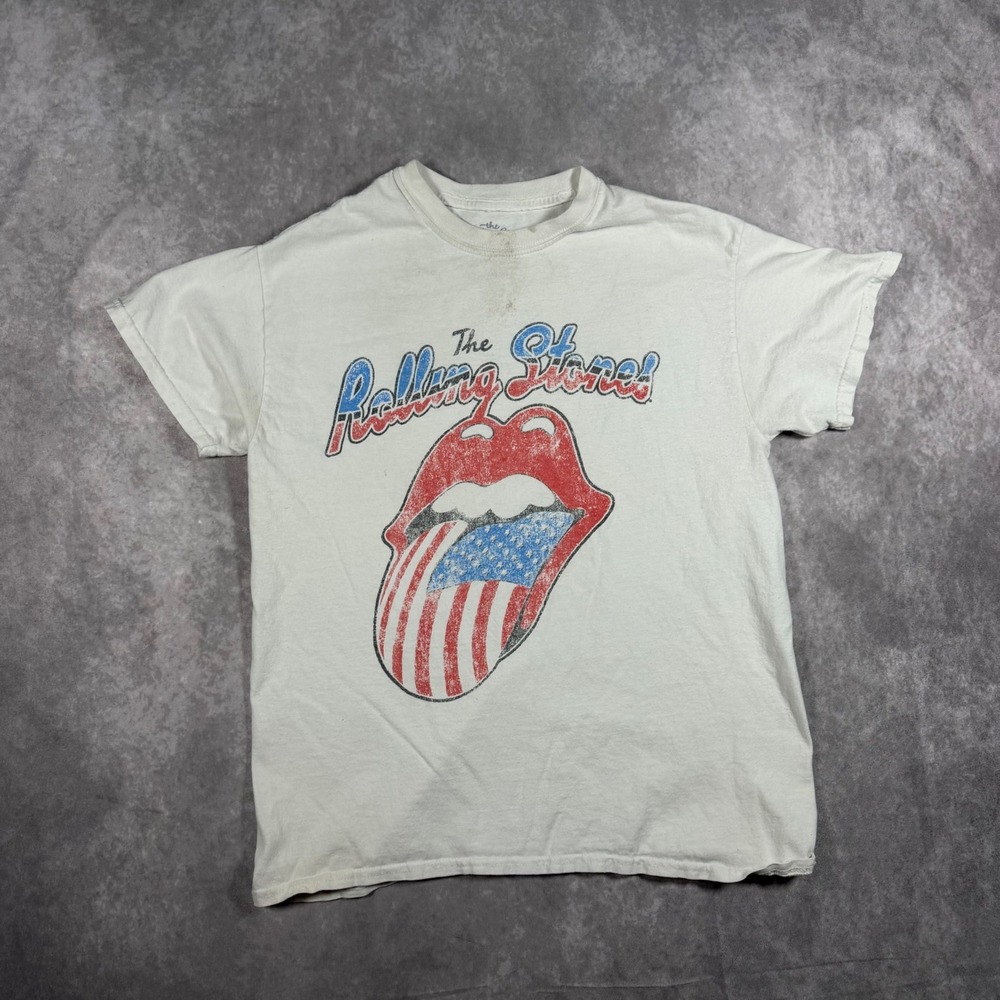 Rolling Stones Mens Graphic T-Shirt White Small American Flag Tongue Rock Band